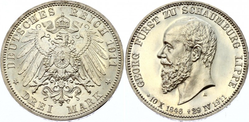Germany - Empire Schaumburg Lippe 3 Mark 1911 A PROOF
KM# 55, J# 166; Albrecht ...