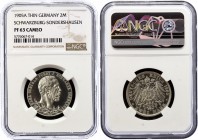 Germany - Empire Schwarzburg-Sondershausen 2 Mark 1905 A PROOF NGC PF63
KM# 153; J#169a; Karl Günther; 25th Anniversary of Reign. Silver; Thin rim; P...