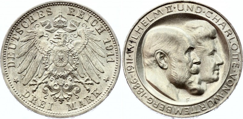 Germany - Empire Wurttemberg 3 Mark 1911 F
KM# 636; Silver; Wedding Anniversary...