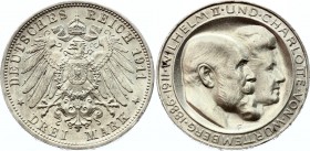 Germany - Empire Wurttemberg 3 Mark 1911 F
KM# 636; Silver; Wedding Anniversary; Wilhelm II.; UNC