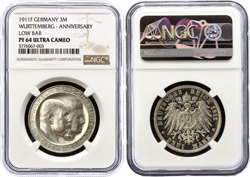 Germany - Empire Wurttemberg 3 Mark 1911 F NGC MS64 ULTRA
KM# 636; J# 177a; Wil...