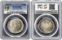 Germany - Empire Wurttemberg 3 Mark 1916 F PROOF PCGS PR65
KM# 638; J. 178; Wilhelm II; 25th Year of Reign. Silver, Proof. One of the rarest coins of...