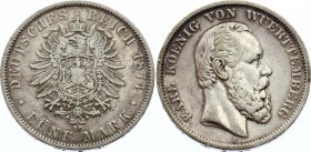 Germany - Empire Wurttemberg 5 Mark 1874 F Rare
KM# 623; Silver; Karl I.; Not a common coin even in this condition; VF