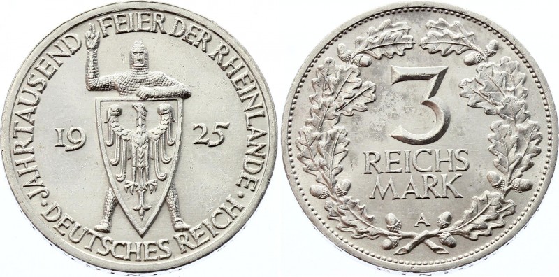 Germany - Weimar Republic 3 Reichsmark 1925 A
KM# 46; Silver; 1000th Year of th...
