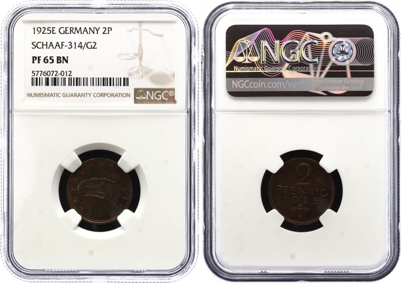 Germany - Weimar Republic 2 Pfennig 1925 E NGC MS65
zu J. 314, Schaaf 314 / G 2...