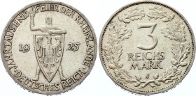 Germany - Weimar Republic 3 Reichsmark 1925 J
KM# 46; Silver; 1000th Year of the Rhineland; XF-