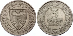 Germany - Weimar Republic 3 Reichsmark 1926 A
KM# 48; Silver; Lubeck; Mint Berlin; XF