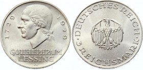 Germany - Weimar Republic 3 Reichsmark 1929 A
KM# 60; Silver; 200th anniversary of Gotthold Lessing; UNC
