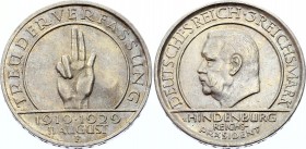 Germany - Weimar Republic 3 Reichsmark 1929 F
KM# 63; Silver; 10th Anniversary of the Weimar Constitution; XF