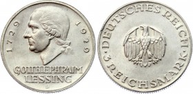 Germany - Weimar Republic 3 Reichsmark 1929 D
KM# 60; Silver; 200th anniversary of Gotthold Lessing; AUNC