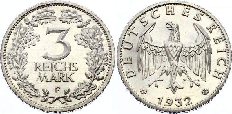 Germany - Weimar Republic 3 Reichsmark 1932 F PROOF
KM# 74; Silver; Proof. PP.