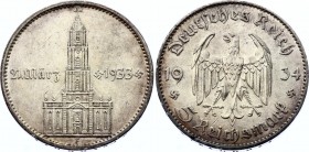 Germany - Third Reich 5 Reichsmark 1934 F
KM# 82; Silver; 1st Anniversary of Nazi Rule - Potsdam Garrison Church; XF+/AUNC- with Mint Luster