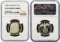 Germany - Third Reich 5 Reichsmark 1938 F PROOF NGC PF65 ULTRA
KM# 94; Swastika - Hindenburg Issue. Silver; Proof. PP.