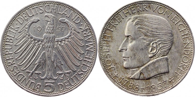 Germany FRG 5 Mark 1957 J Rare
KM# 117; Silver 11,20g.; Centenary - Death of Jo...