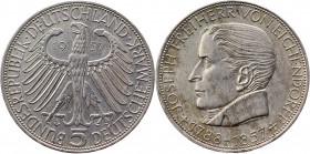 Germany FRG 5 Mark 1957 J Rare
KM# 117; Silver 11,20g.; Centenary - Death of Joseph Freiherr von Eichendorff, poet; XF-AUNC