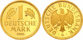 Germany FRG 1 Deutsche Mark 2001 G
KM# 203; Gold (.999), 12g. Proof with small scratches.