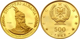 Albania 500 Leke 1968
KM# 56.1, Fr# 18; 500th Anniversary of Skanderbeg's Death - Prince Skanderbeg. Gold (.900), 98.74g. Proof. Mintage 1520.