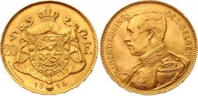 Belgium 20 Francs 1914
KM# 78; Gold (.900), 6.45g. AUNC.