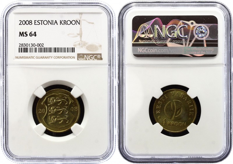 Estonia 1 Kroon 2008 NGC MS 64
KM# 44; UNC. 90th Anniversary of the Republic of...