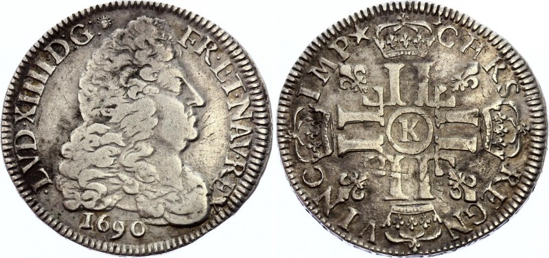 France 1/2 Ecu 1690 K
Dy# 1515a; Silver; Louis XIV; VF+