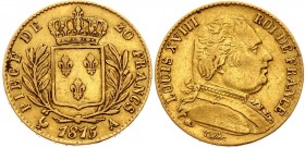 France 20 Francs 1815 A
KM# 706.1; Gold (.900), 6.45g. XF.