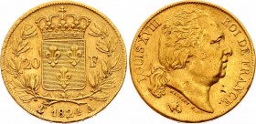 France 20 Francs 1824 A
KM# 712; Gold (.900), 6.45g. XF.