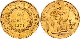 France 20 Francs 1875 A
KM# 825; Gold (.900), 6.45g. UNC.