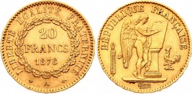 France 20 Francs 1876 A
KM# 825; Gold (.900) 6.45g 21mm