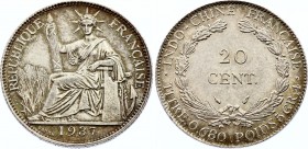 French Indochina 20 Centimes 1937
KM# 17.2; Silver; Nice Toning!
