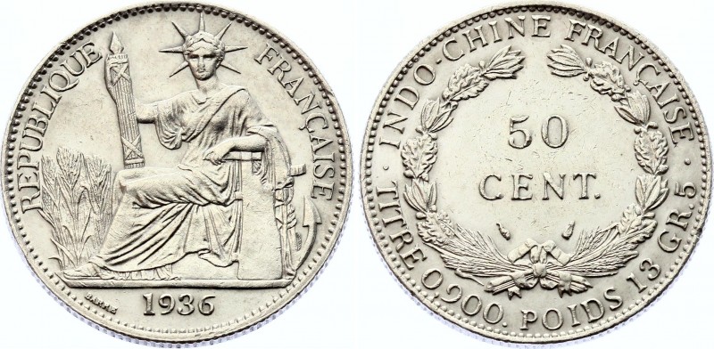 French Indochina 50 Centimes 1936
KM# 4a.2; Silver; AUNC/UNC