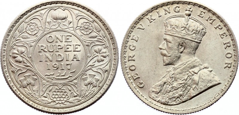 British India 1 Rupee 1917 B
KM# 524; Silver; George V; UNC with Full Mint Lust...