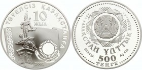 Kazakhstan 500 Tenge 2001
KM# 38; Silver Proof; 10th Anniversary of Independence; With Original Box & Certificate