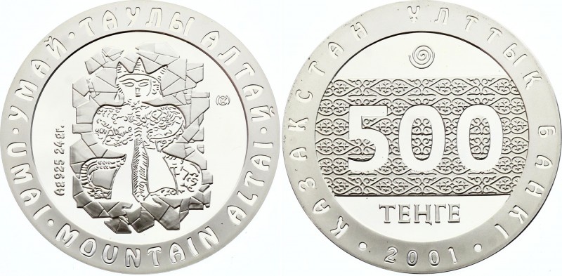 Kazakhstan 500 Tenge 2001
KM# 55; Silver Proof; Umai Mountain Petroglyph in Alt...