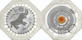 Kazakhstan 100 Tenge 2018
Bi-Metallic Tantalum (.999) 15g Center in Silver (.925) 10g Ring; Total Weight 25g 38.61mm; Zodiac Signs - Taurus; Mintage ...