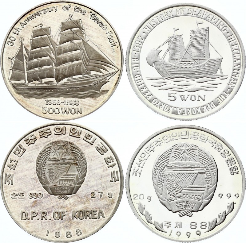 North Korea Lot of 2 Coins
5 & 500 Won 1988 & 1999; Silver Proof; Various Motiv...