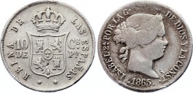 Philippines 10 Centimos de Peso 1865
KM# 145; Silver; Mintage 82,000 Pcs; Isabel II