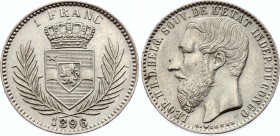 Congo 1 Franc 1896 Overstrike!
KM# 6; Leopold II; Traces of Overstrike in the Ear & on the Neck; AUNC