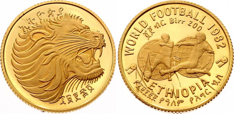 Ethiopia 200 Birr 1982
KM# 67; World football championship 1982. Gold, 7.16g. P...