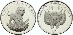 Niger 10 Francs 1968
KM# 8.1; Small Type; Silver Proof; Mintage 1.000 Pieces; Lion