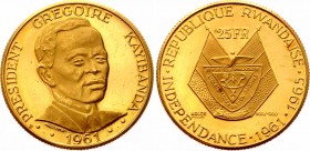 Rwanda 25 Francs 1965
KM# 2; 4th Anniversary of Independence - President Gregoire Kayibanda. Gold (.900), 7.5g. Proof. Mintage 4000.