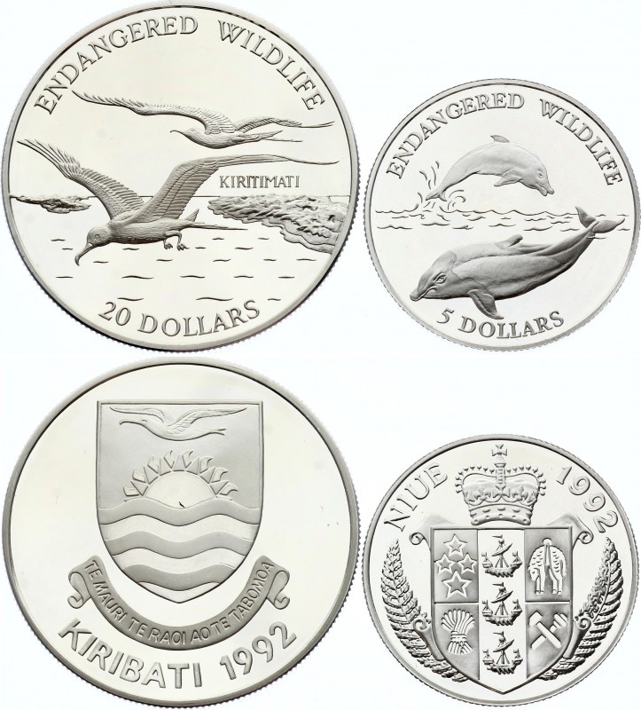 Niue & Kiribati Lot of 2 Coins 1992
5 & 20 Dollars 1992; Silver Proof; Various ...