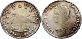 Bolivia 4 Soles 1859 PTS FJ
KM# 123.3 (BOLIVAR below truncation); Silver