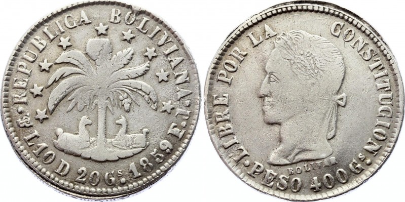 Bolivia 8 Soles 1859 PTS FJ
KM# 138.3 (Reverse "PESO 400 Gs"); Silver