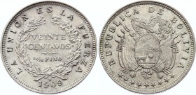 Bolivia 20 Centavos 1909 H
KM# 176; Silver; UNC