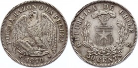 Chile 50 Centavos 1870 So
KM# 139; Silver; XF