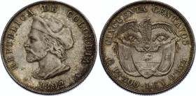 Colombia 50 Centavos 1892
KM# 187; Silver; 400th Anniversary of Columbus' Discovery of America; XF+ with Amazing Toning!