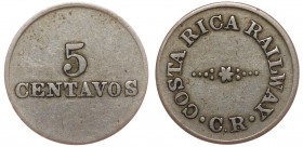 Costa Rica Token San Jose Railway 5 Centavos 1900 th
Cu-Ni 18mm; Used for Сalculations with Workers of the Railway; Rare Token; VF