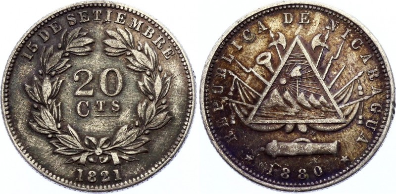 Nicaragua 20 Centavos 1880 H
KM# 4; Silver