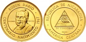 Nicaragua 50 Cordobas 1967
KM# 25; 100th Anniversary of Ruben Dario birth. Gold (.900), 35.6g. Prooflike. Mintage 15500.