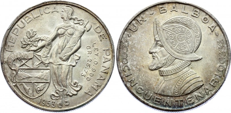 Panama 1 Balboa 1953
KM# 21; Silver; 50th Anniversary of the Republic of Panamá...